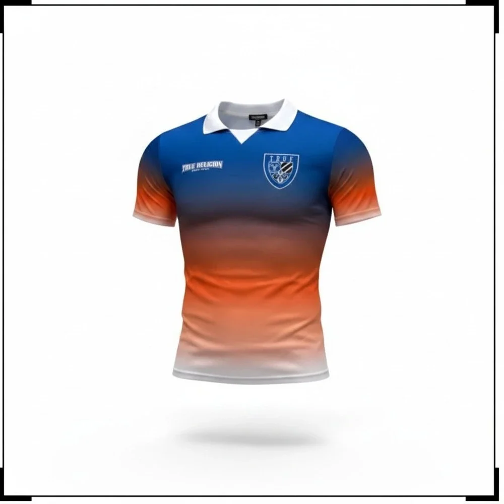 True Religion Relaxed Ombre Soccer Jersey Mens 3XL Blue Orange Ombre
